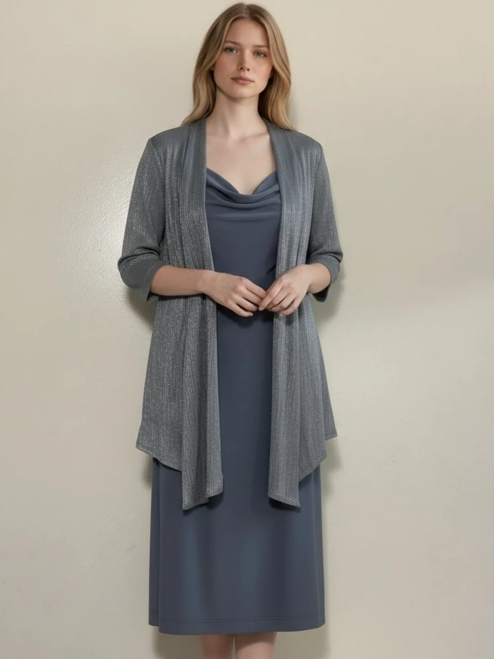 Sleeveless Drape Front Evening Dress - Slate Blue